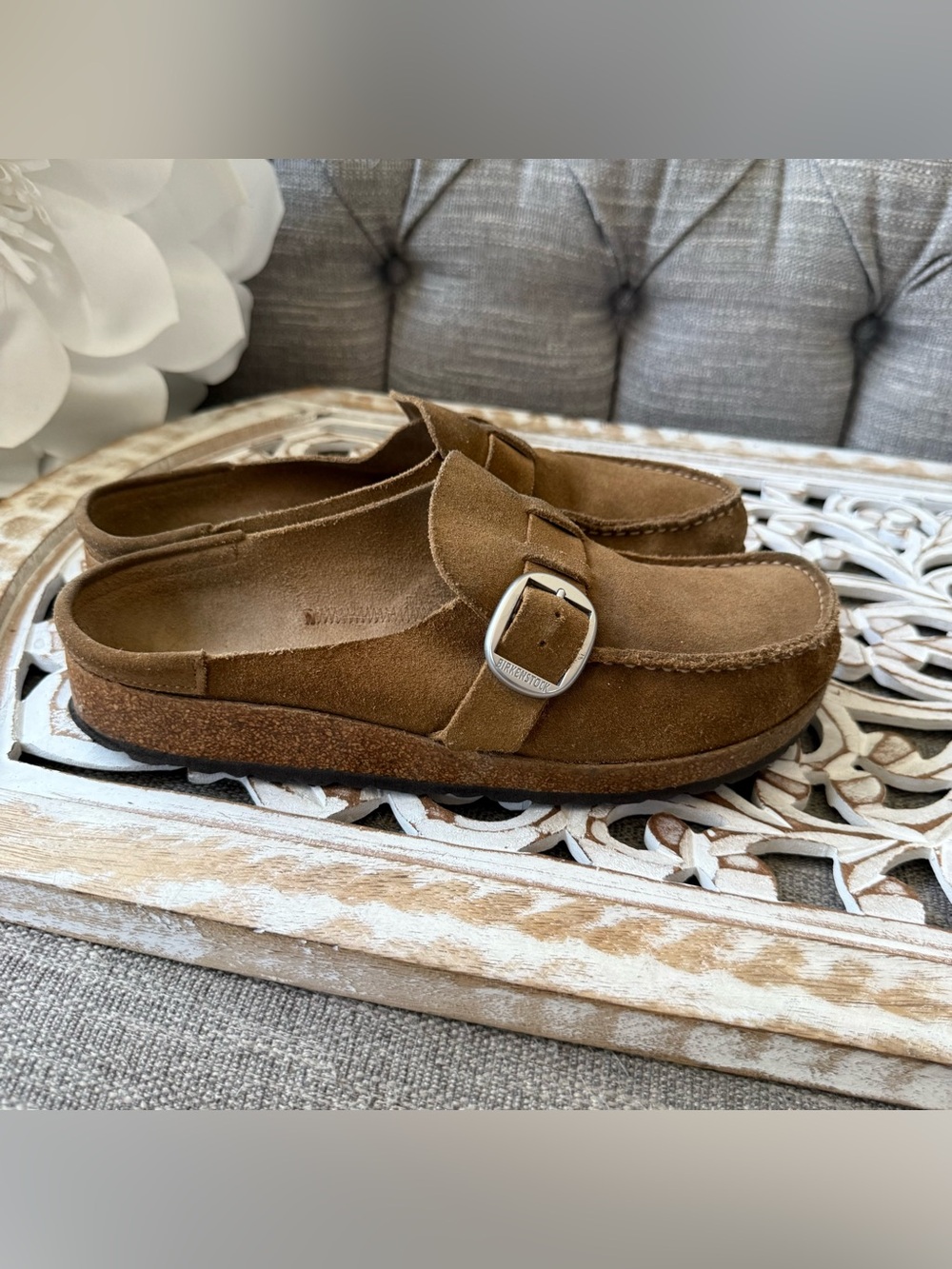 Birkenstock Brown Suede Leather Slip-On Mule Silver Buckle 11 42 - Picture 2 of 8